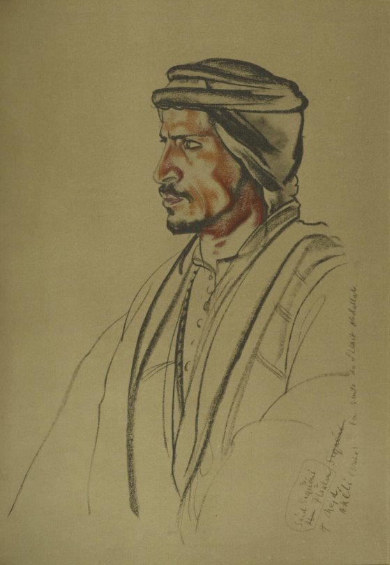 Pastel profile portrait of an Arab male with dark eyes, thin eyebrows, thin black mustache and narrow beard, in a grey keffiyeh and dark agal.