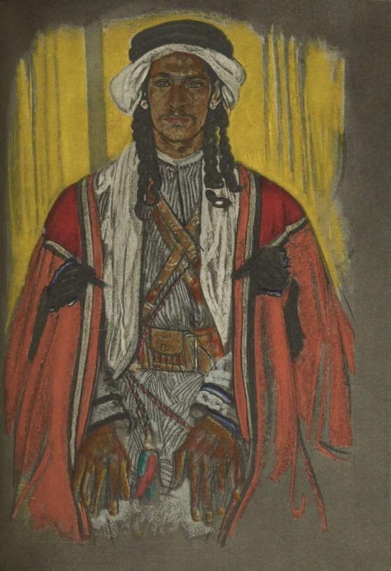 Pastel portrait of an Arab male with long black braided hair, a thin mustache and jawline-beard, in a striped inner robe with a bandolier belt, a red outer-robe, white keffiyeh and black agal.