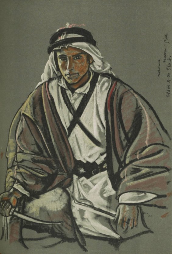 Pastel portrait of an Arab male with dark eyes, thin jawline-beard, in a white inner robe with black bandalier belt, dark outer robe with white kaffiyeh and black agal, holding a thin curved knife in his right hand.