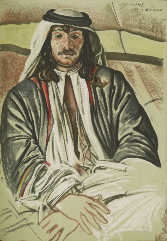 Pastel portrait of an Arab male with dark eyes, black mustache and long black hair, in a white inner robe, grey outer robe, with a white kaffiyeh and black agal.
