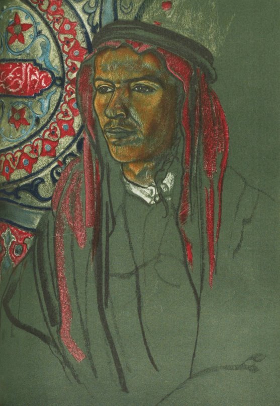 Pastel portrait of an Arab male with dark eyes, thin black mustache, in grey robe, red kaffiyeh, and dark agal, facing to his right, with a brightly patterned blanket as background.