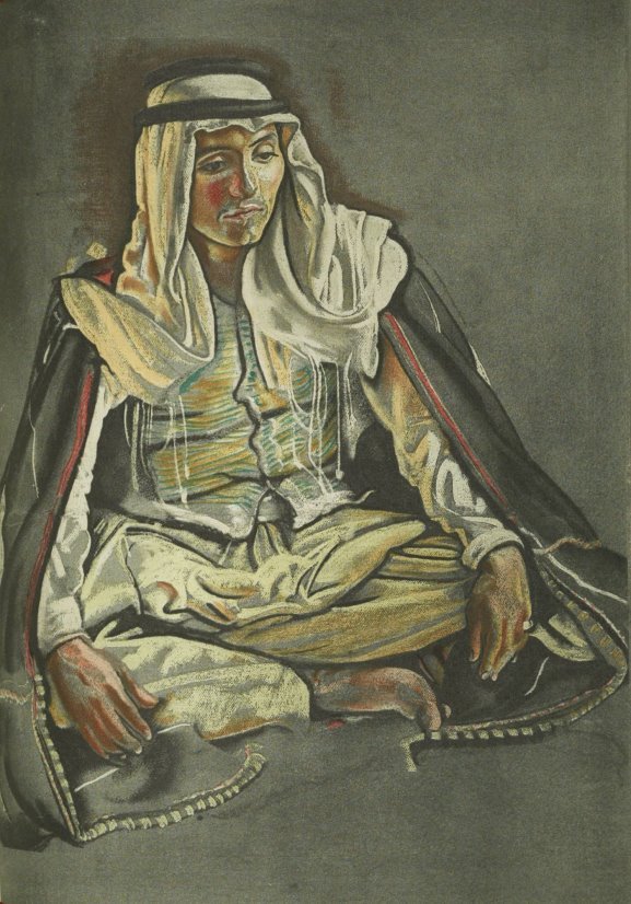 Pastel portrait of a barefooted, clean-shaven Arab male sitting cross-legged on the ground, with dark eyes, in a multicoloured horizontally stripped vest, loose trousers, a grey outer robe with red highlights, a white kaffiyeh and black agal, facing to his left.