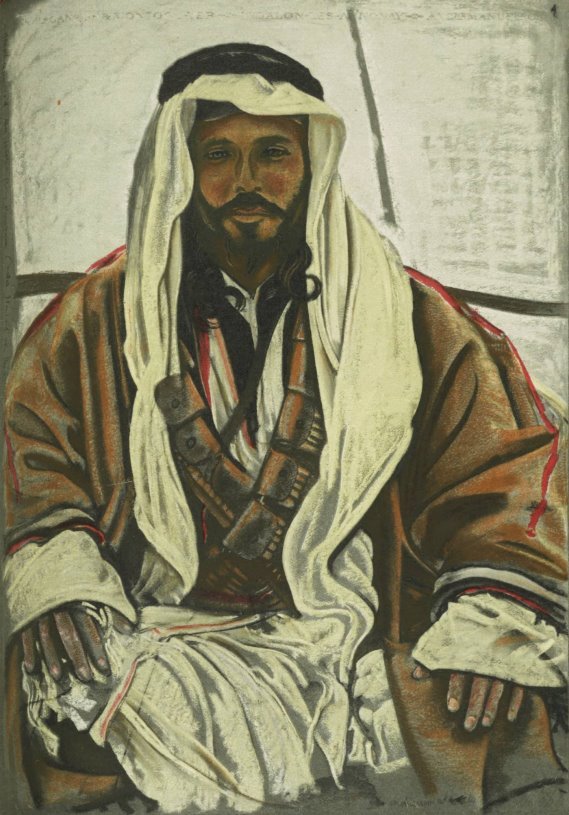 Pastel portrait of an Arab male sitting cross-legged on the ground, with dark eyes, black mustache and beard, a white inner robe with brown bandalier belt, brown outer robe with red nighlights, white kaffiyeh and black agal.