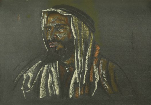Pastel upper-body portrait of an Arab male with dark eyes, black mustache and beard, dark robe, white kaffiyeh and black agal.