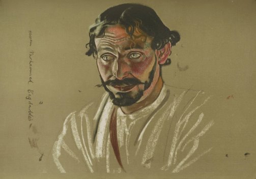 Pastel upper-body portrait of an Arab male with blue eyes, black beard and pointed mustache, black hair curled at his ears, in a white robe, facing to his right.