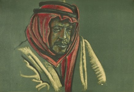 Pastel upper-body portrait of an Arab male with dark eyes, thin mustache and beard, light-coloured robe with red kaffiyeh and black agal, facing his left and looking slightly downward.