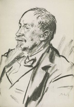 Charcoal profile upper-body portrait of an older white male, balding with short hair, grey mustache and Van Dyke beard, in formal wear, facing to his right.
