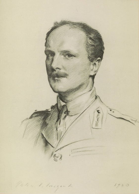 Charcoal shoulder portrait of a white male, balding in front with short mustache, in formal military clothes, facing slightly to his right but looking straight ahead.