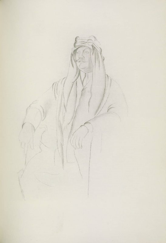 Pencil three-quarter portrait of a white male with walrus-style mustache seated in a chair, in shirt, tie, and jacket, with a kaffiyeh and agal.