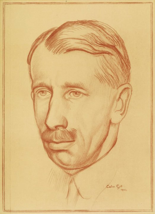 Chalk head portrait of a white male with light-coloured eyes, mustache, thin short hair parted on his right, in a rounded collar shirt with tie, facing to his right.