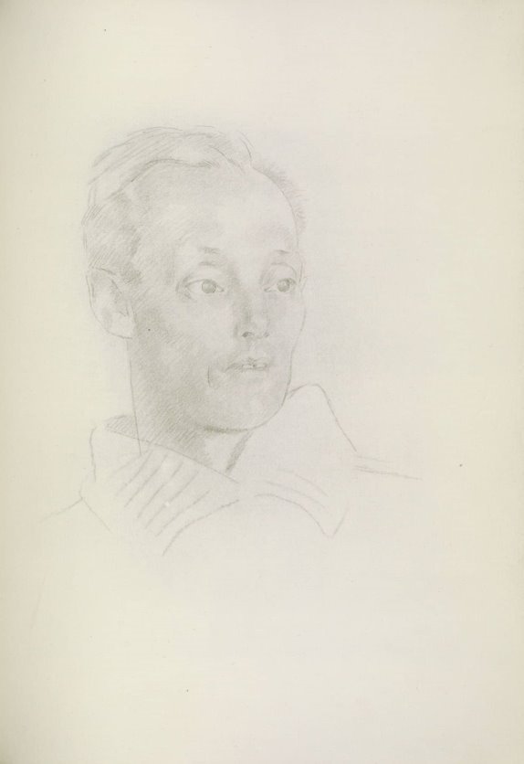 Pencil head portrait of a clean-shaven white male with medium-length hair balding in front, dark eyes, facing to his left.