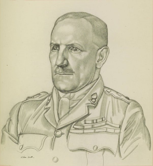 Pencil shoulder portrait of a middle-aged white male with short military haircut parted on his left, with dark eyes, short mustache, in military jacket.