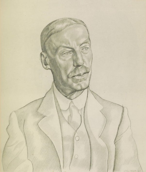 Pencil upper-body portrait of an older white male with very short grey hair parted on his left, full grey mustache, in rounded-collar shirt, tie, vest, and jacket, facing to his left.