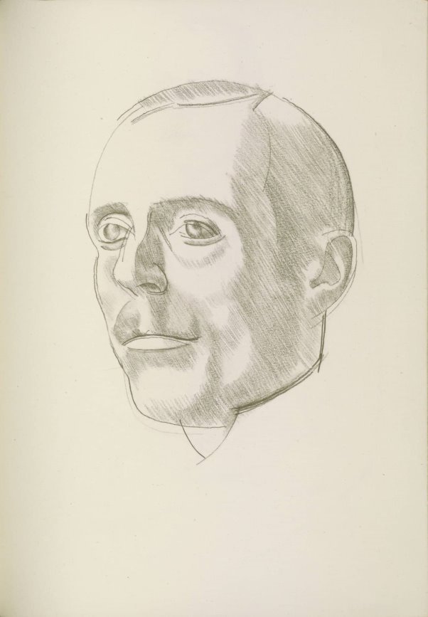 Pencil head portrait of a white male with full mustache, short hair parted on his left, dark eyes, facing to his right.