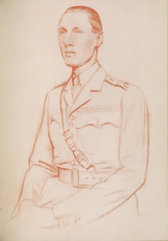 Chalk three-quarter portrait of a clean-shaven white male with short slicked-back hair, in military uniform with a Sam Browne belt, facing to his right.