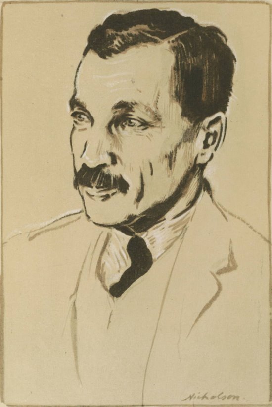 Pen and wash upper body portrait of a middle-aged white male with light eyes, dark hair parted on his left, dark mustache, in three-piece suit, facing to his right.