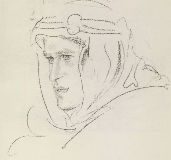 Pencil head portrait of a young, white clean-shaven male in kaffiyeh and agal, facing to his right.